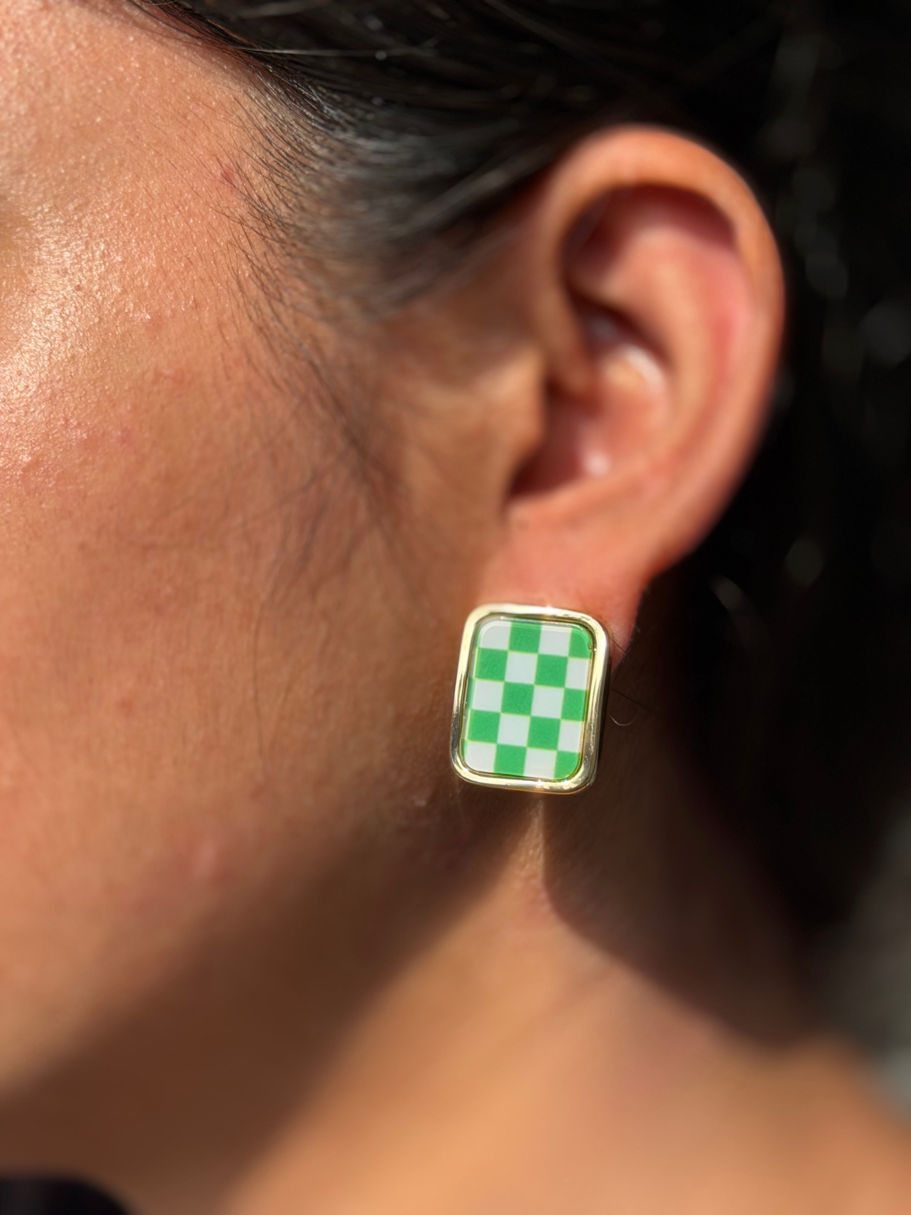 Mint Check Charm Stud Earrings