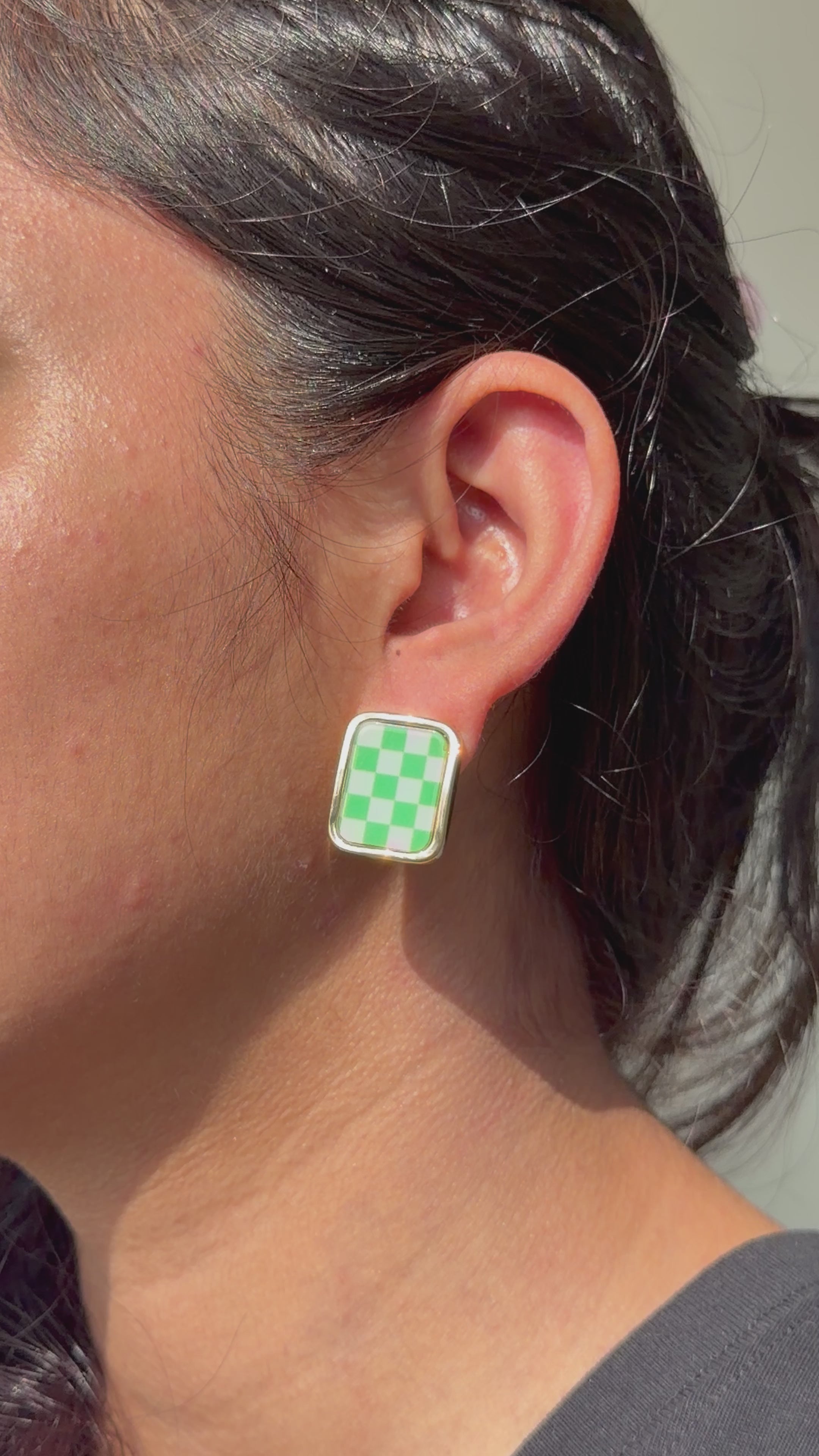 Mint Check Charm Stud Earrings